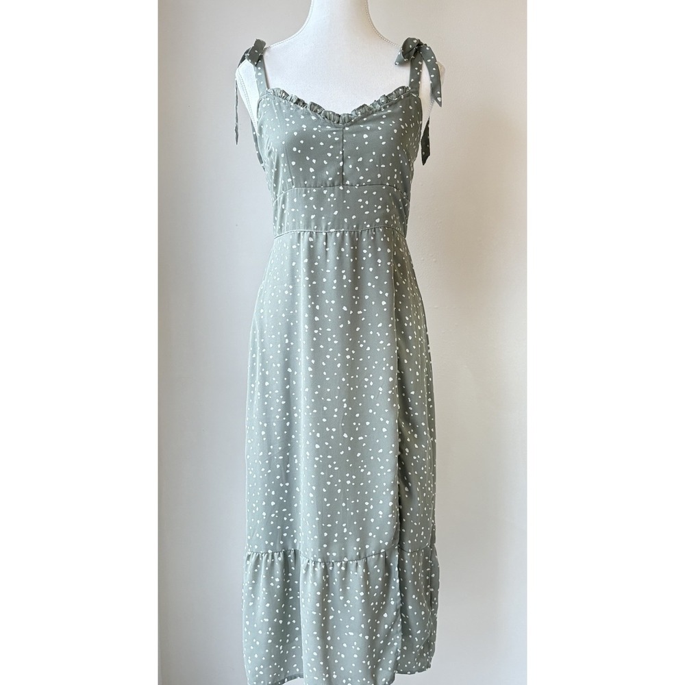 Abercrombie & Fitch Tie Strap Midi Dress Small Green Polka Dot Ruffles Side Slit - Picture 3 of 8